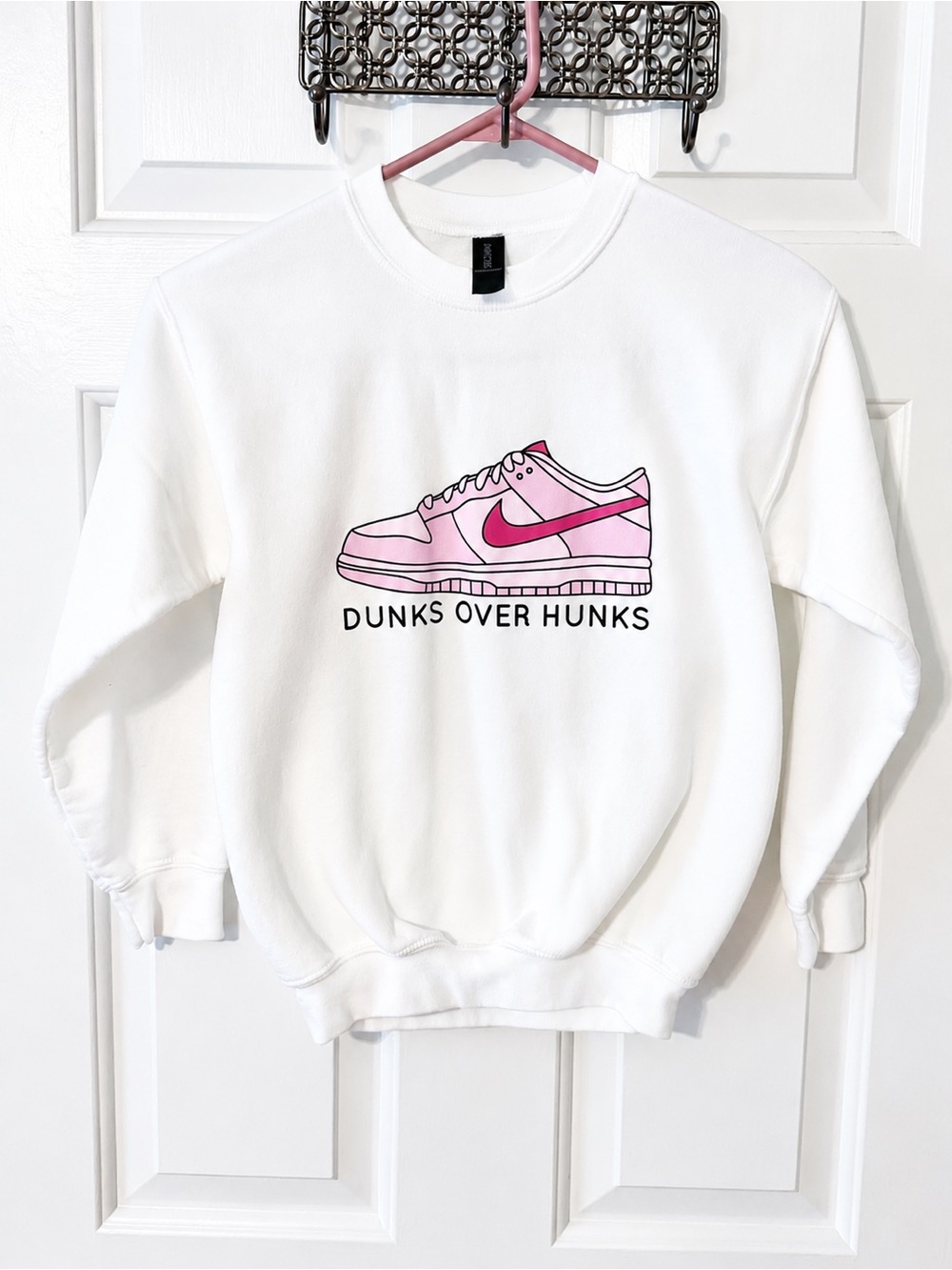 Kids White Sweatshirt with Pink Sneaker Graphic - Dunks Over Hunks